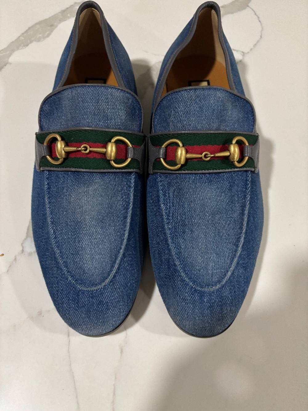 Gucci Blue Denim Horsebit Loafers with Green and Red Web